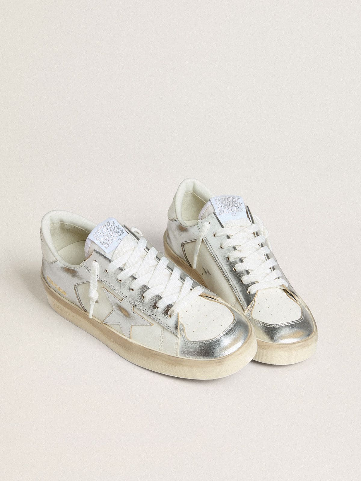 Golden Goose Stardan in silver foiled leather with white heel tab