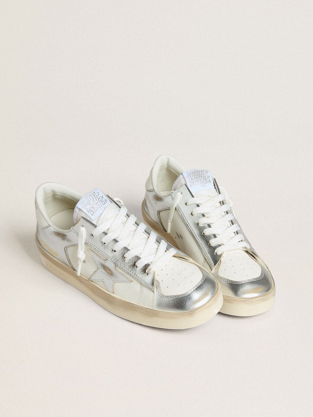 Golden Goose Stardan in silver foiled leather with white heel tab