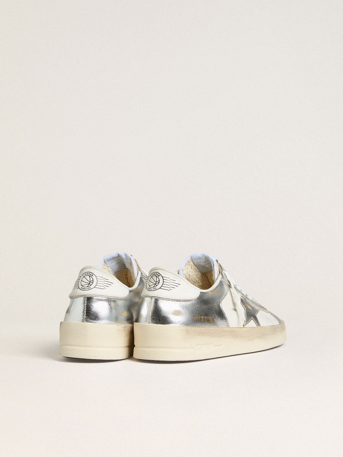 Golden Goose Stardan in silver foiled leather with white heel tab