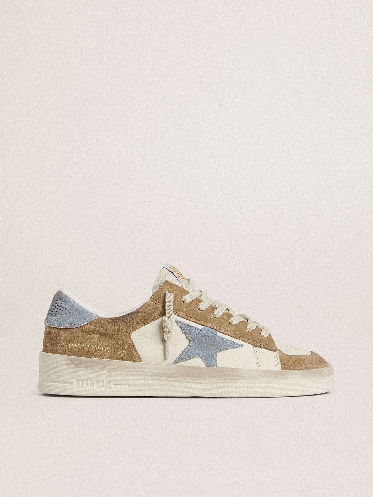 Golden Goose Stardan LTD in white leather and tobacco suede with light blue suede star and heel tab
