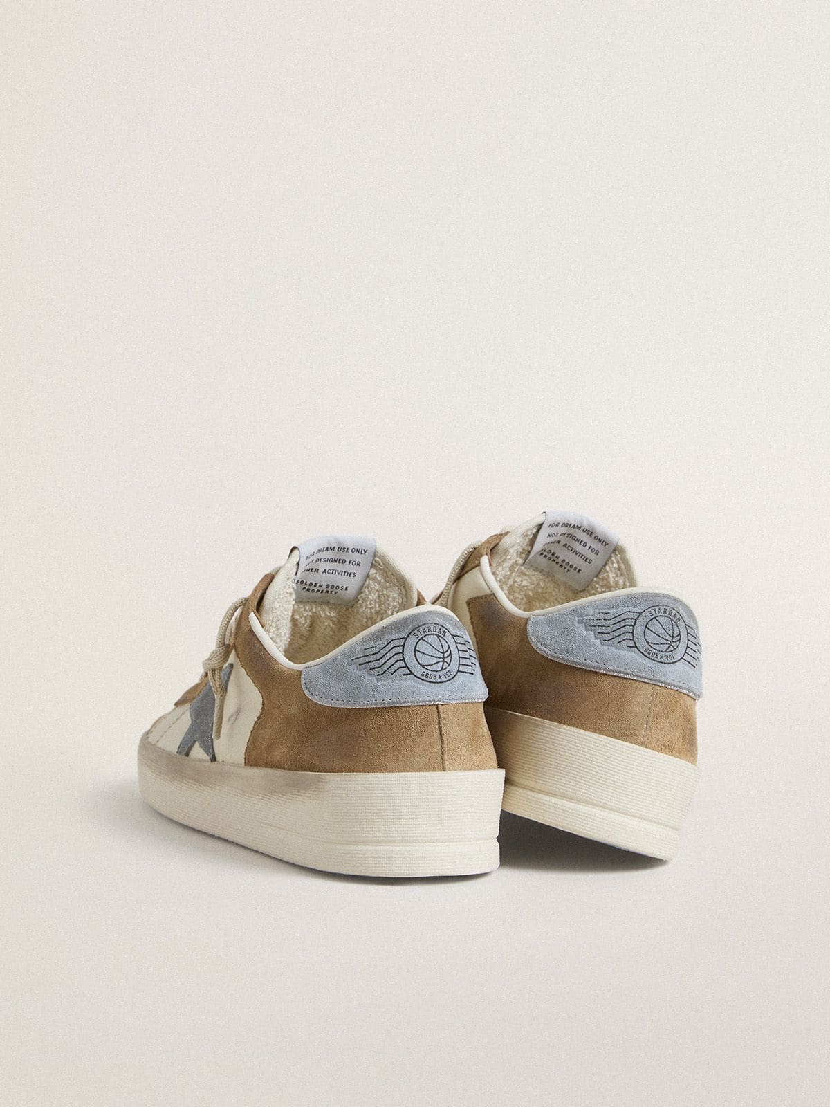 Golden Goose Stardan LTD in white leather and tobacco suede with light blue suede star and heel tab
