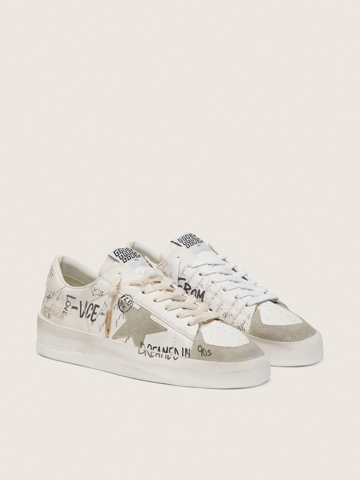 Golden Goose Stardan with beige suede star and toe and all-over lettering and patterns