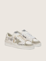 Golden Goose Stardan with beige suede star and toe and all-over lettering and patterns