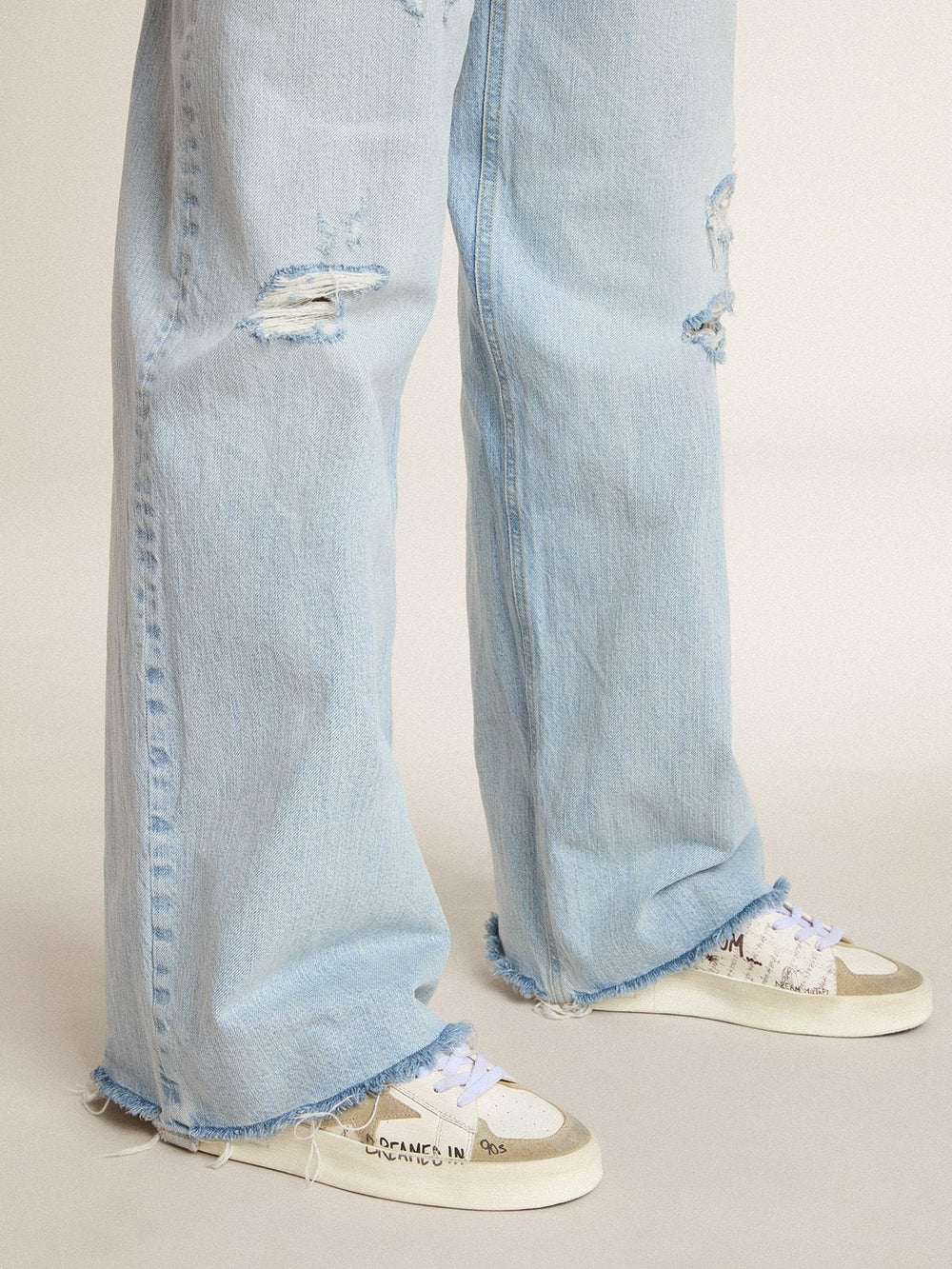 Golden Goose Stardan with beige suede star and toe and all-over lettering and patterns