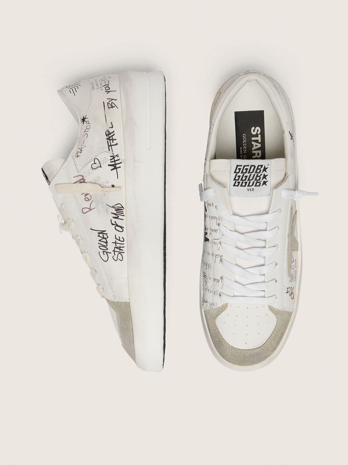 Golden Goose Stardan with beige suede star and toe and all-over lettering and patterns