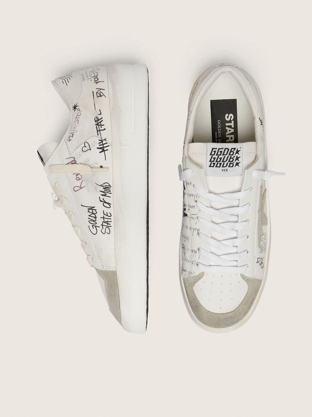 Golden Goose Stardan with beige suede star and toe and all-over lettering and patterns