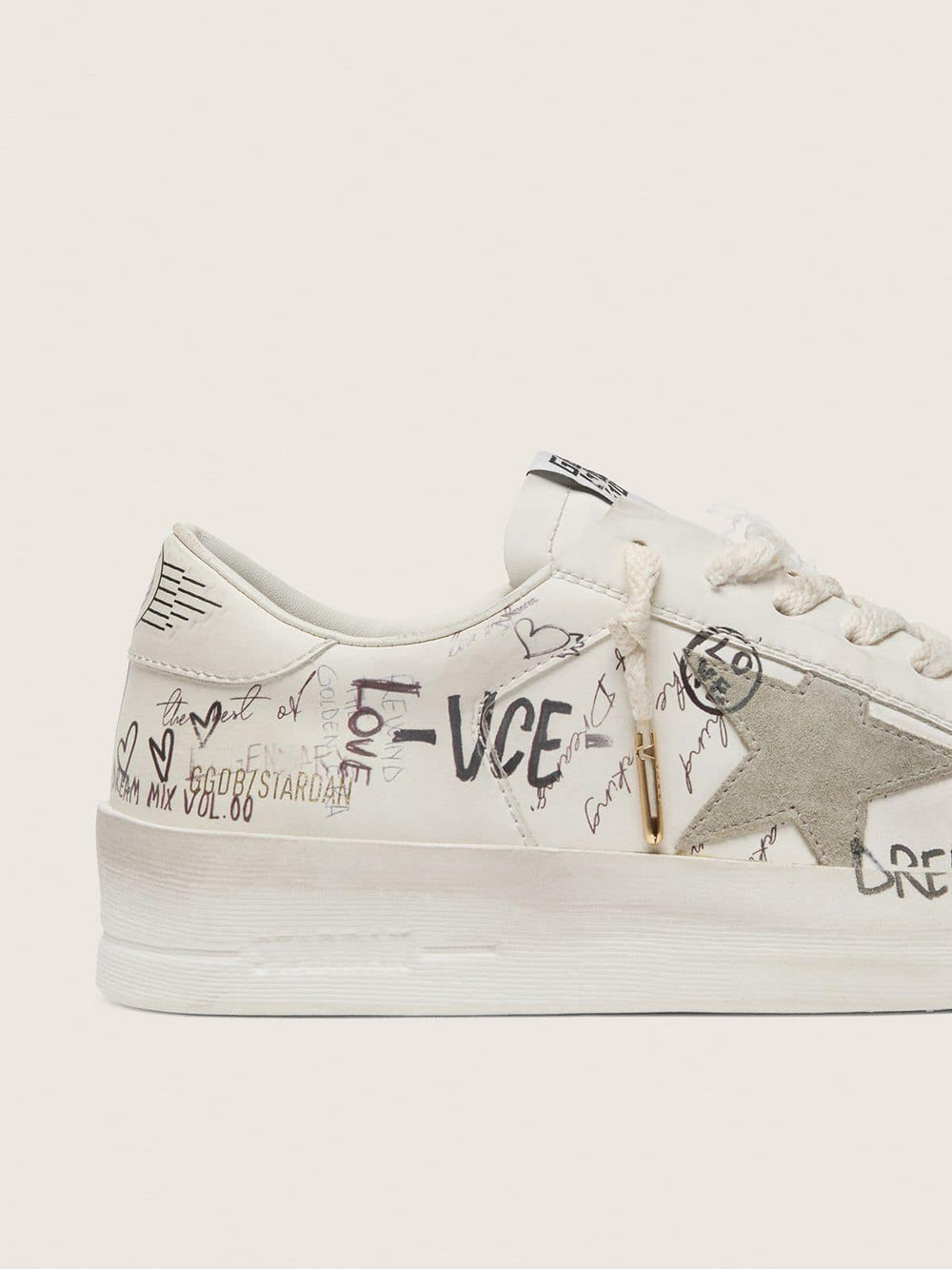 Golden Goose Stardan with beige suede star and toe and all-over lettering and patterns