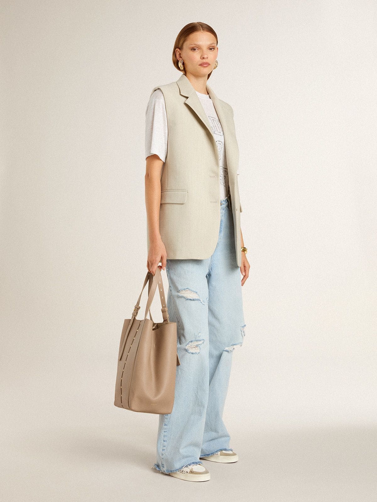 Golden Goose Stardan with beige suede star and toe and all-over lettering and patterns
