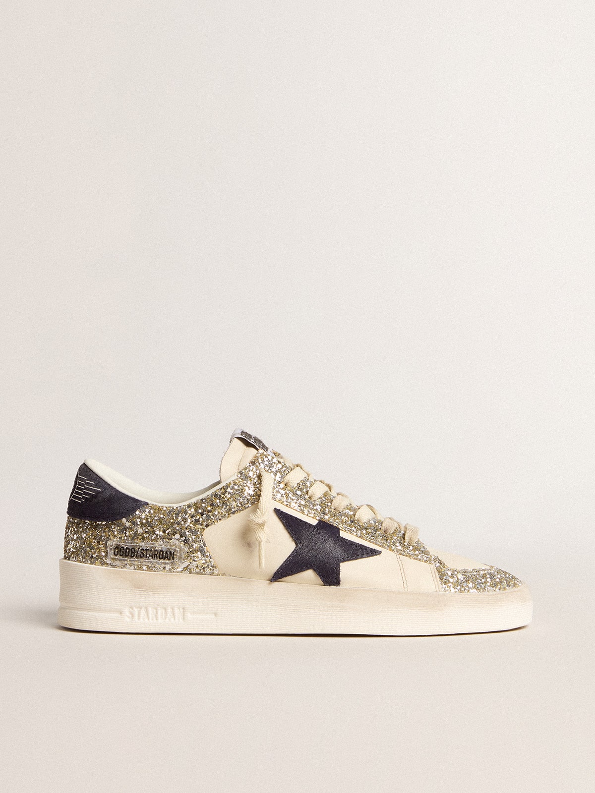 Golden Goose Women's Stardan in platinum glitter with dark blue suede star and heel tab