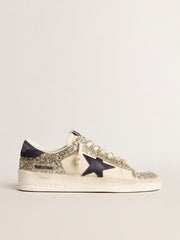 Golden Goose Women's Stardan in platinum glitter with dark blue suede star and heel tab