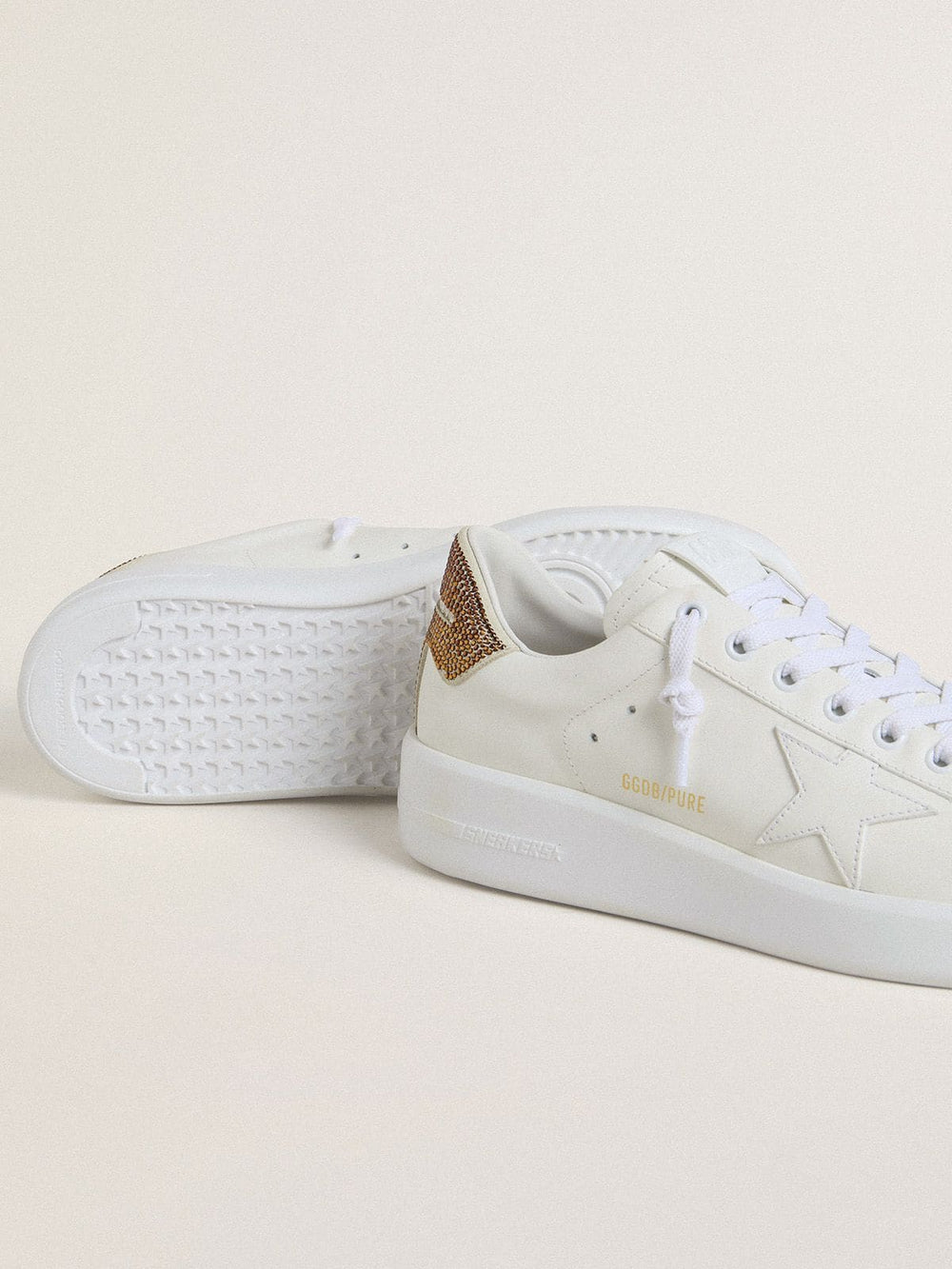 Golden Goose Women’s Purestar with white leather star and brown crystal heel tab