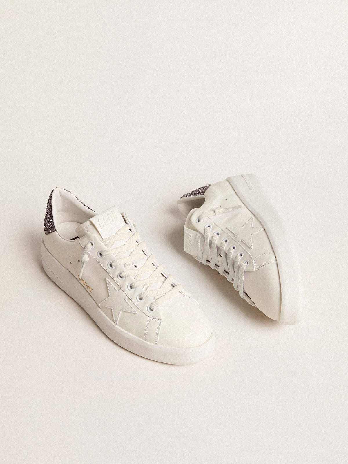Golden Goose Women’s Purestar with white leather star and anthracite glitter heel tab