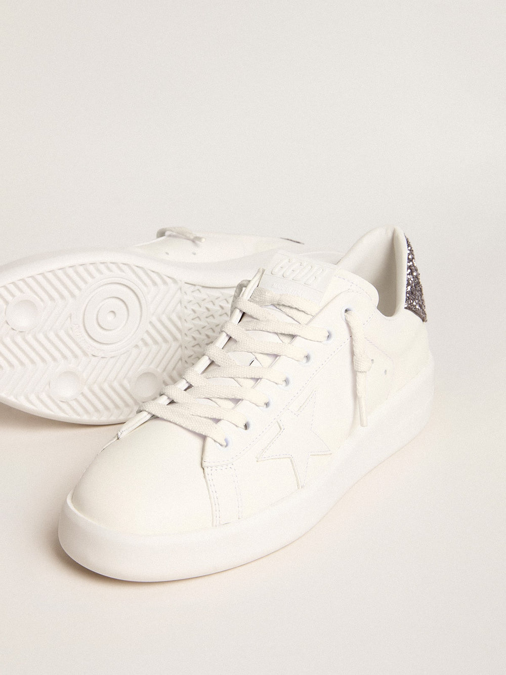 Golden Goose Women’s Purestar with white leather star and anthracite glitter heel tab
