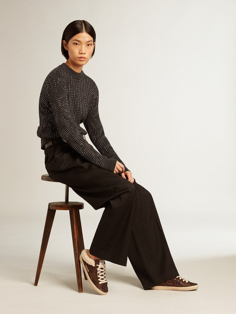 Golden Goose Super-Star Sabots in glitter with brown star and shearling lining