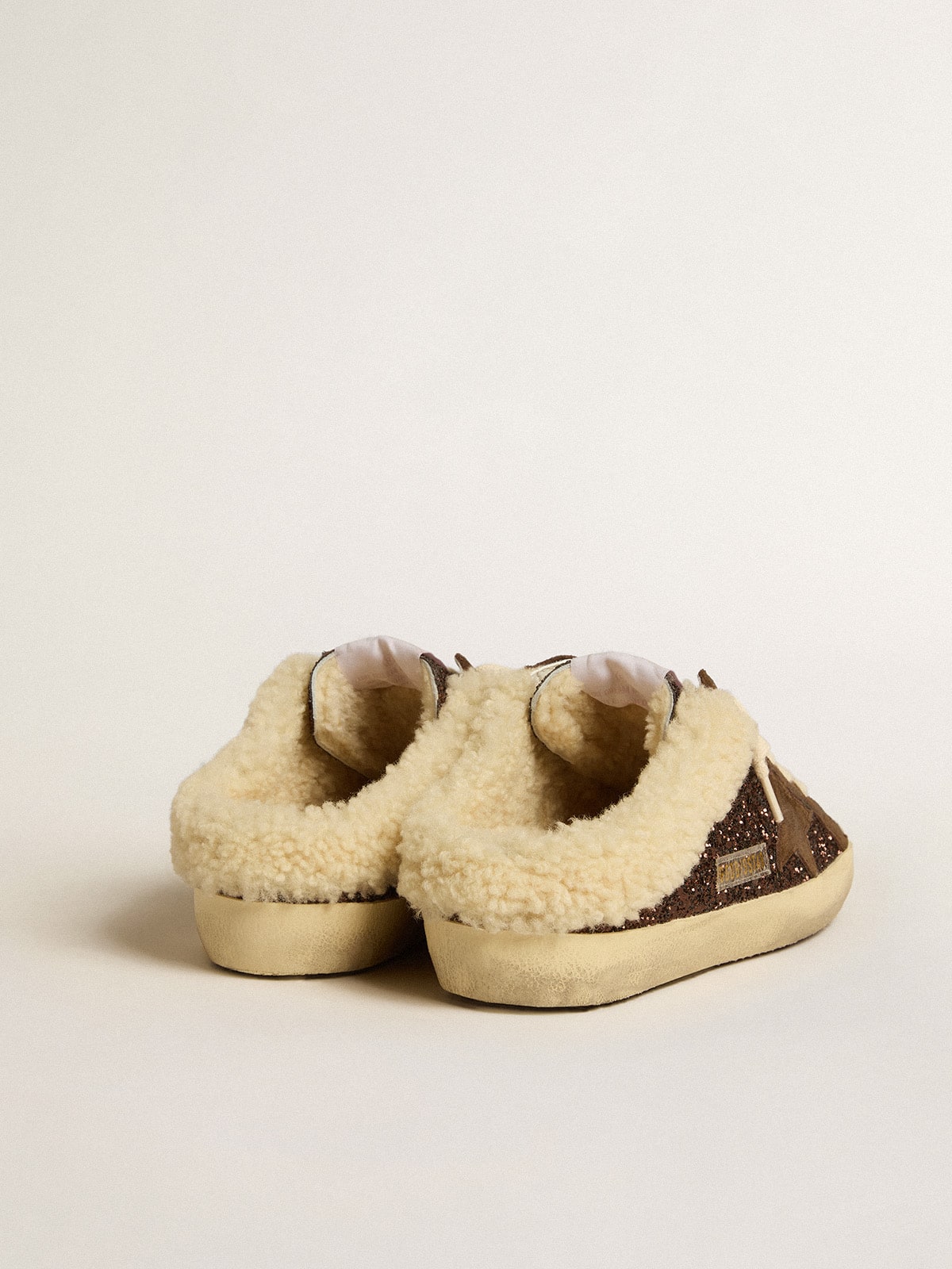 Golden Goose Super-Star Sabots in glitter with brown star and shearling lining
