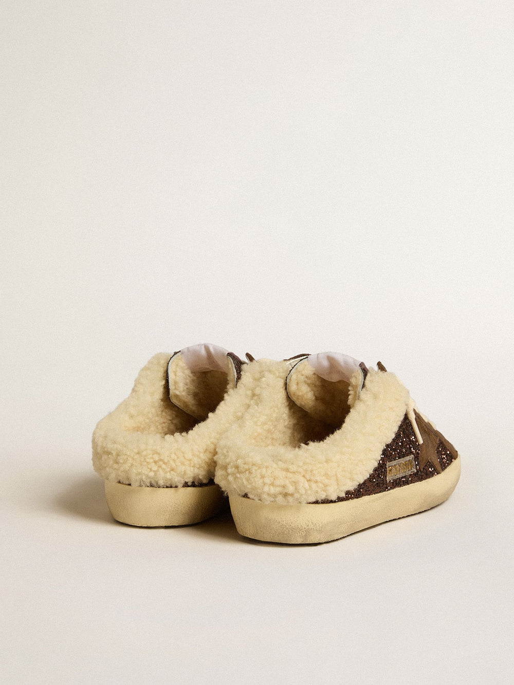 Golden Goose Super-Star Sabots in glitter with brown star and shearling lining