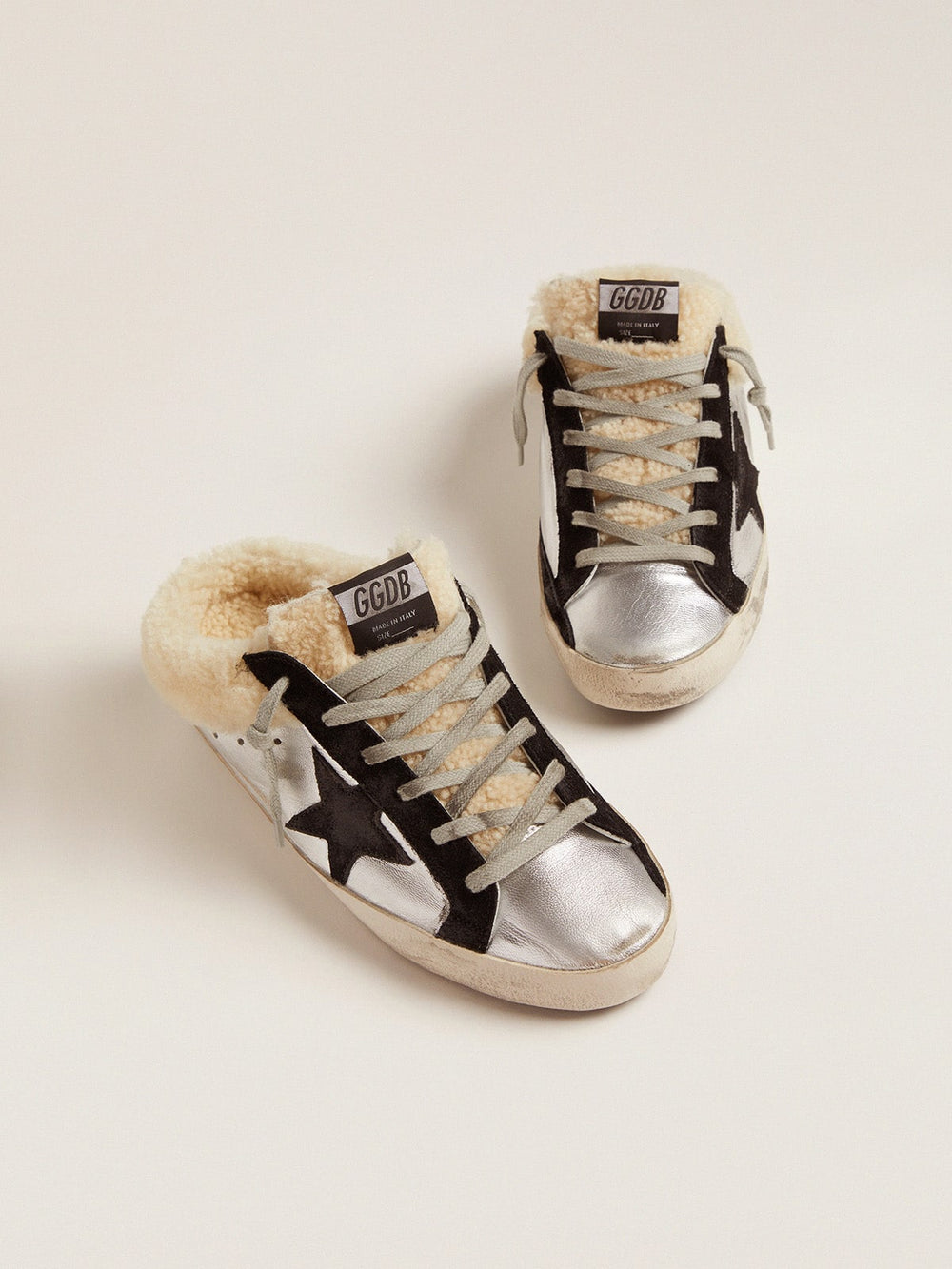 Golden Goose Women's Super-Star Sabot in silver laminated leather with black star