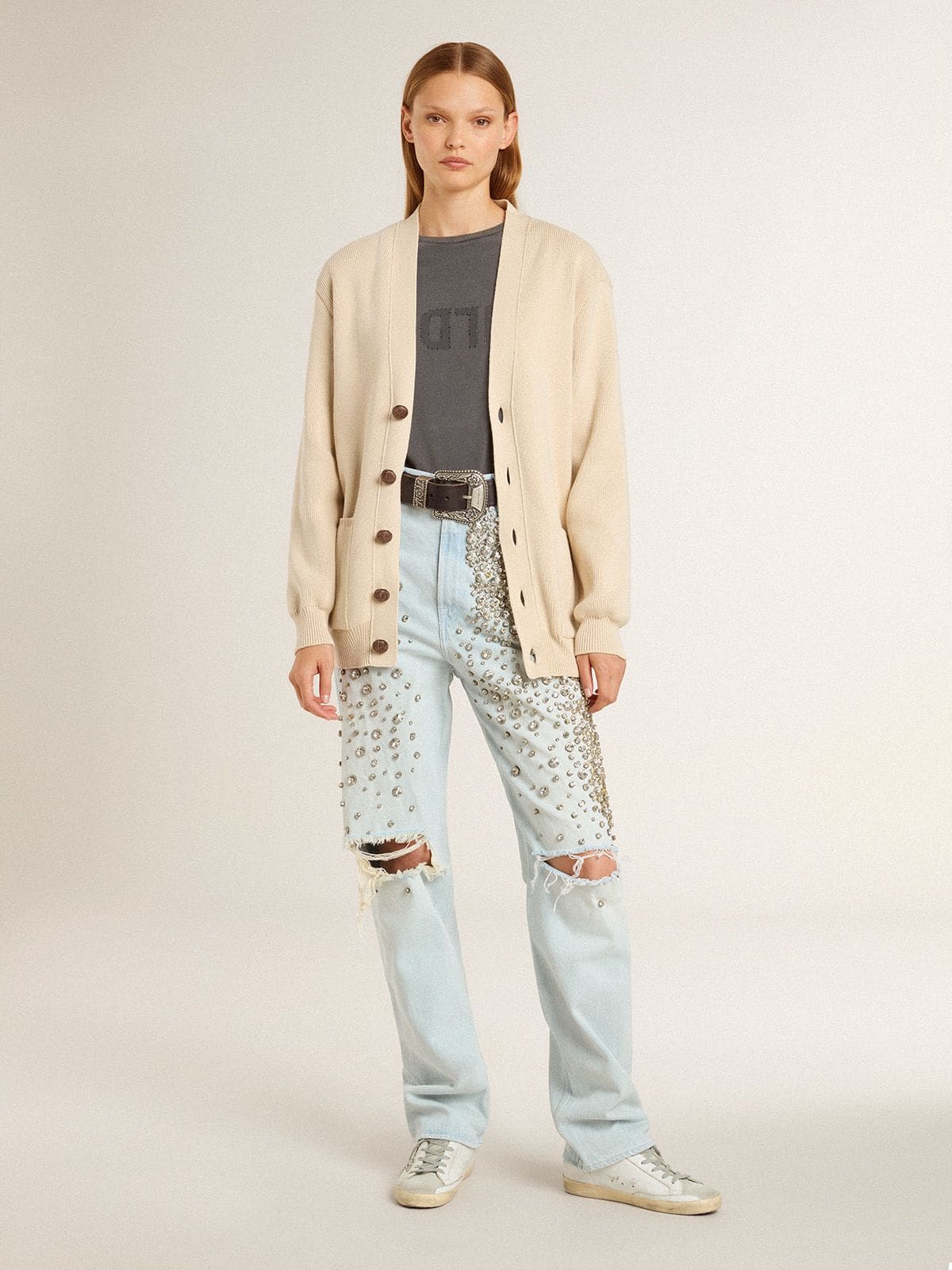 Golden Goose Super-Star Sabot with a platinum glitter star and suede tongue