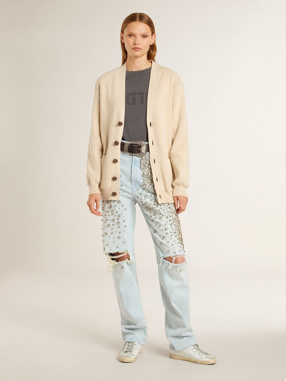 Golden Goose Super-Star Sabot with a platinum glitter star and suede tongue