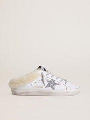 Golden Goose Super-Star Sabots in white leather with shearling lining and silver star