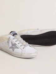 Golden Goose Super-Star Sabots in white leather with shearling lining and silver star