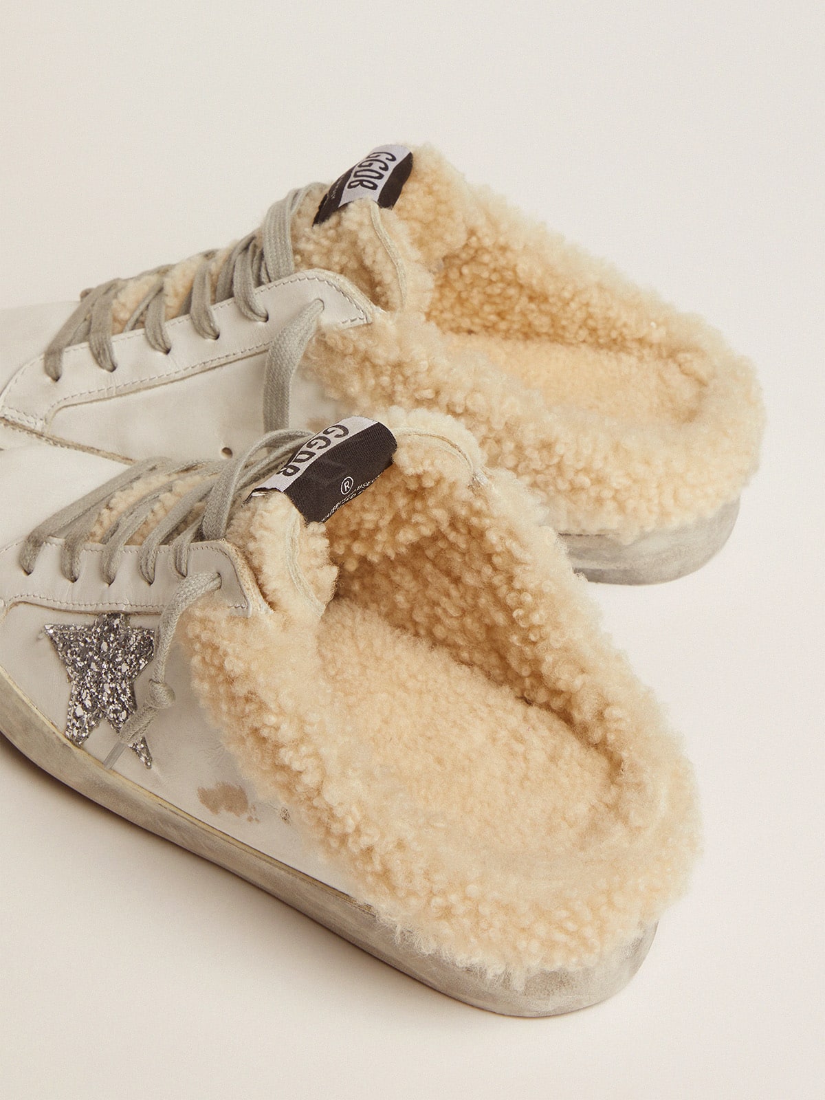Golden Goose Women's Super-Star Sabot in white leather and shearling lining
