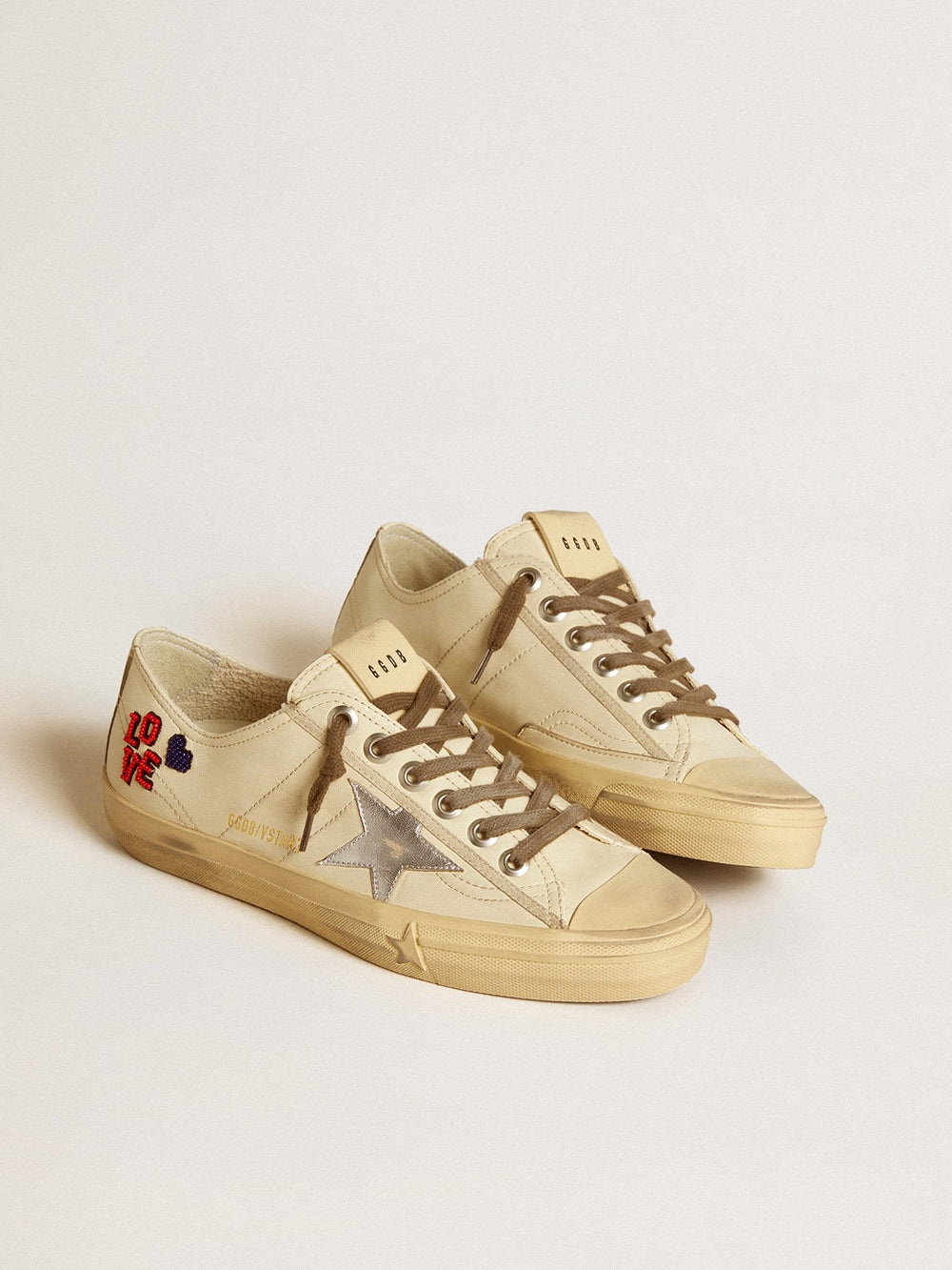Golden Goose V-Star in ecru nappa with silver nappa star and beaded embroidery