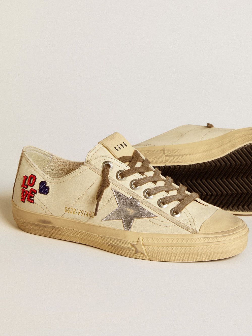 Golden Goose V-Star in ecru nappa with silver nappa star and beaded embroidery