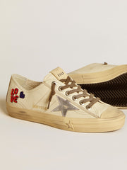 Golden Goose V-Star in ecru nappa with silver nappa star and beaded embroidery