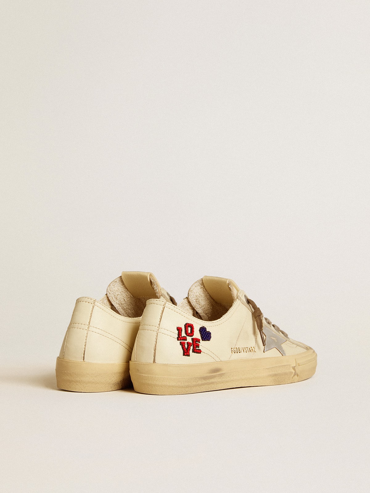 Golden Goose V-Star in ecru nappa with silver nappa star and beaded embroidery
