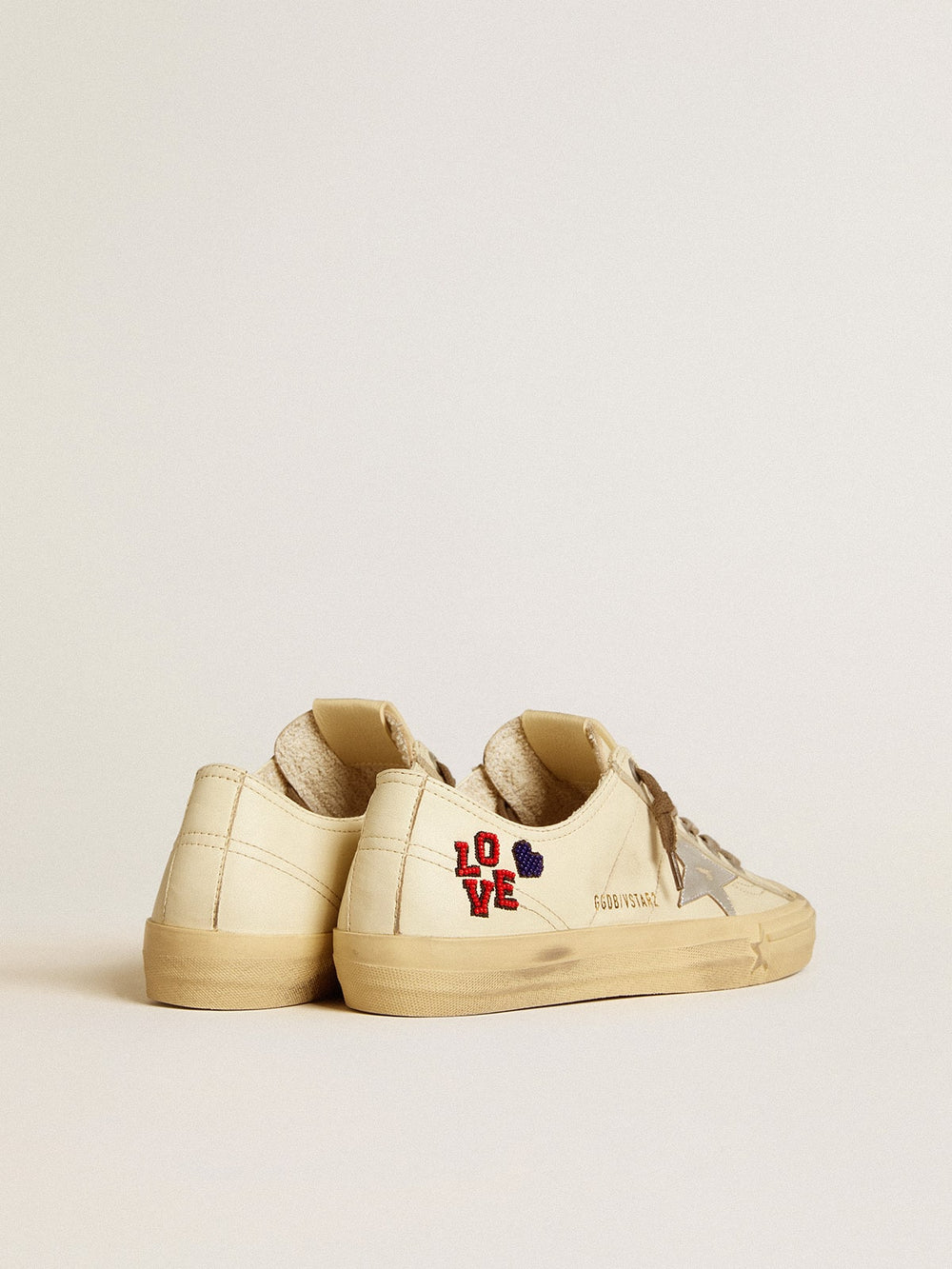 Golden Goose V-Star in ecru nappa with silver nappa star and beaded embroidery