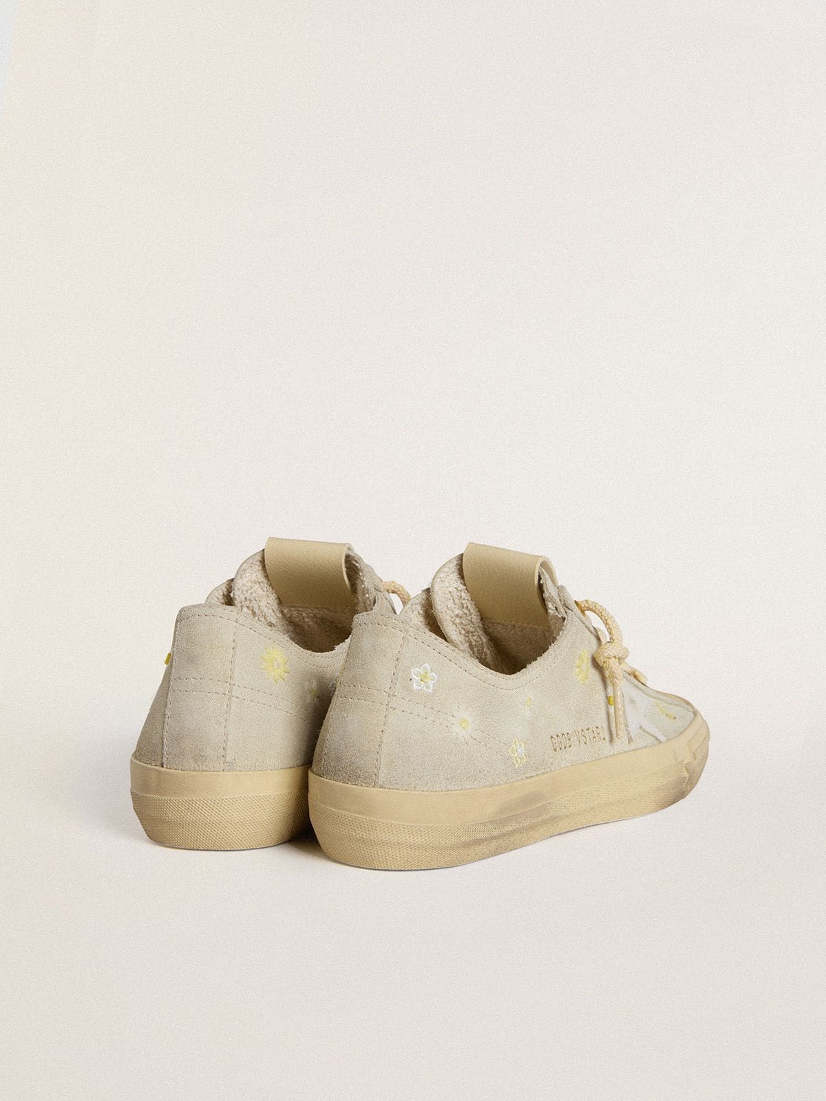 Golden Goose Women’s V-Star in ice-gray suede with white leather star and floral embroidery