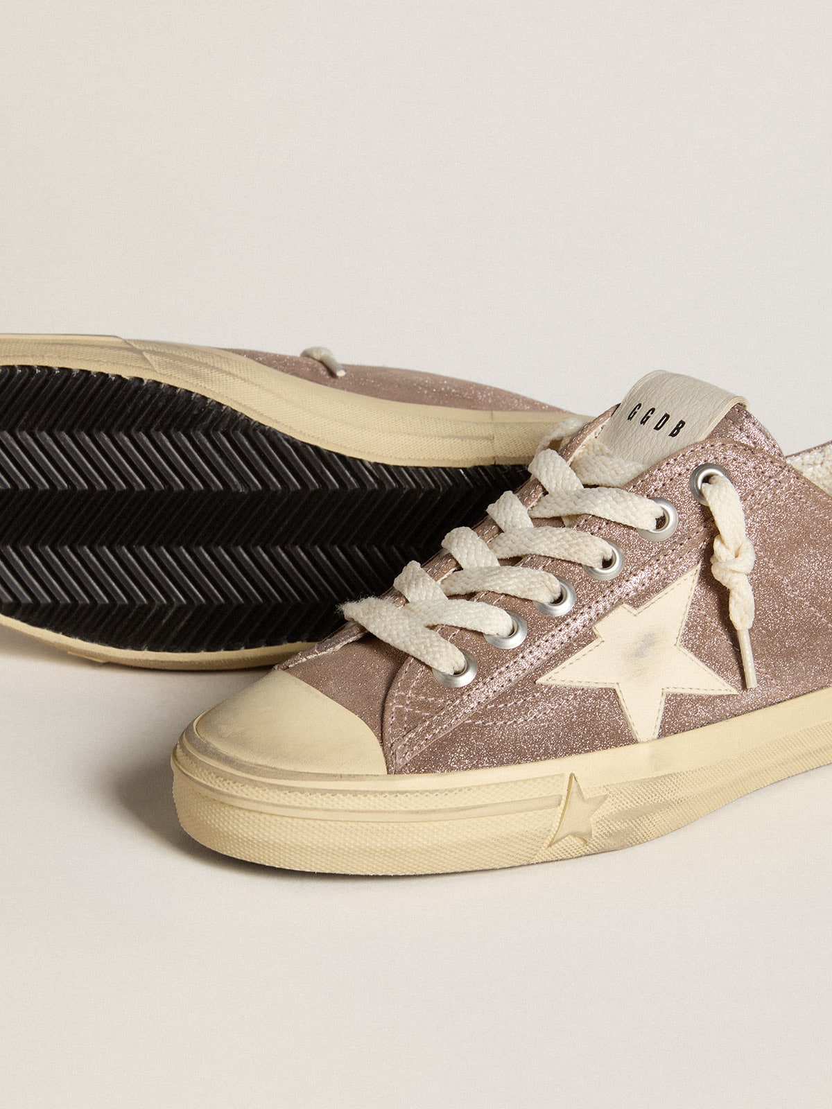 Golden Goose Women's V-Star in light brown metallic suede with cream leather star