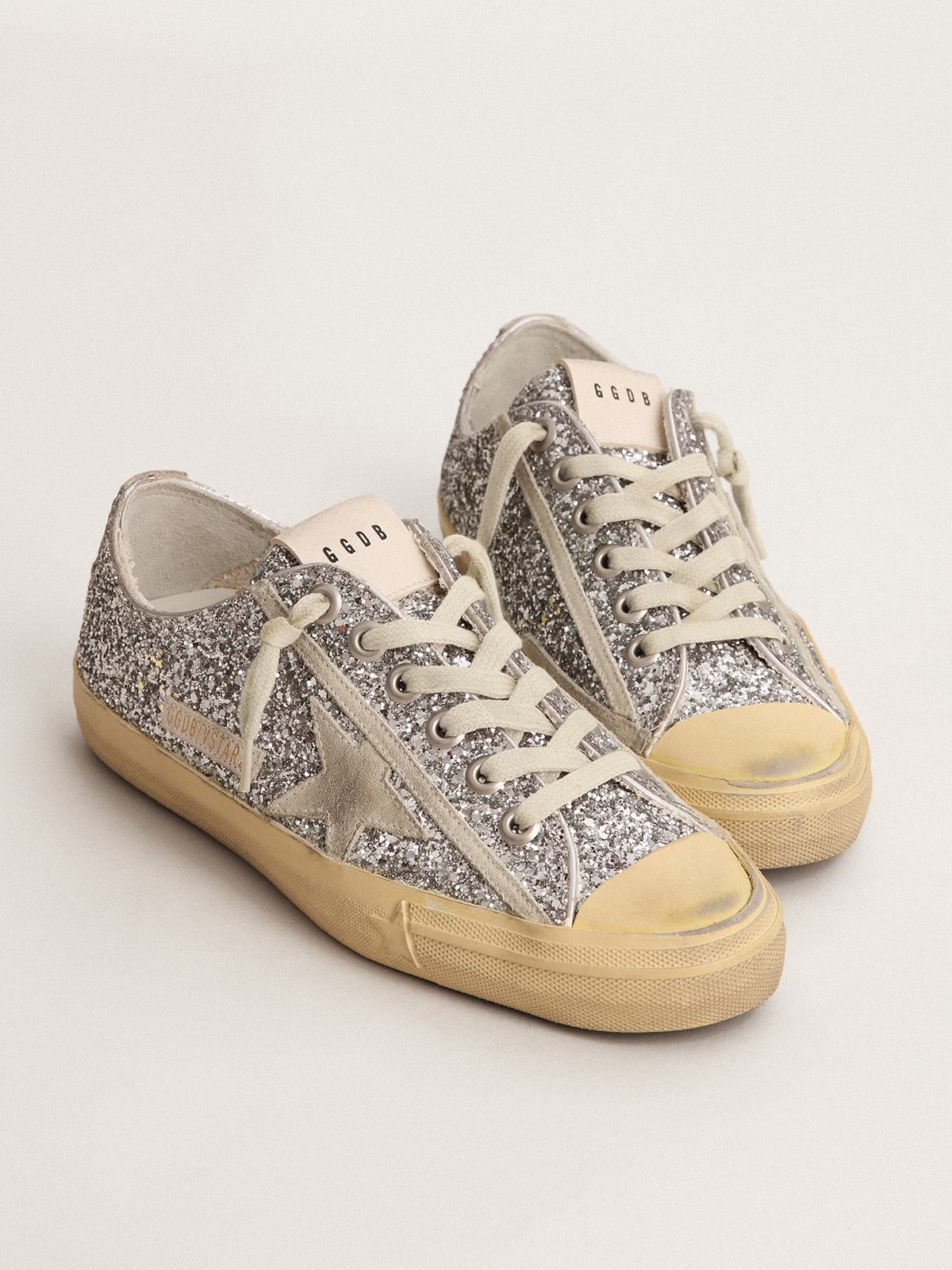 Golden Goose Women's V-Star  in silver glitter with ice-gray suede star