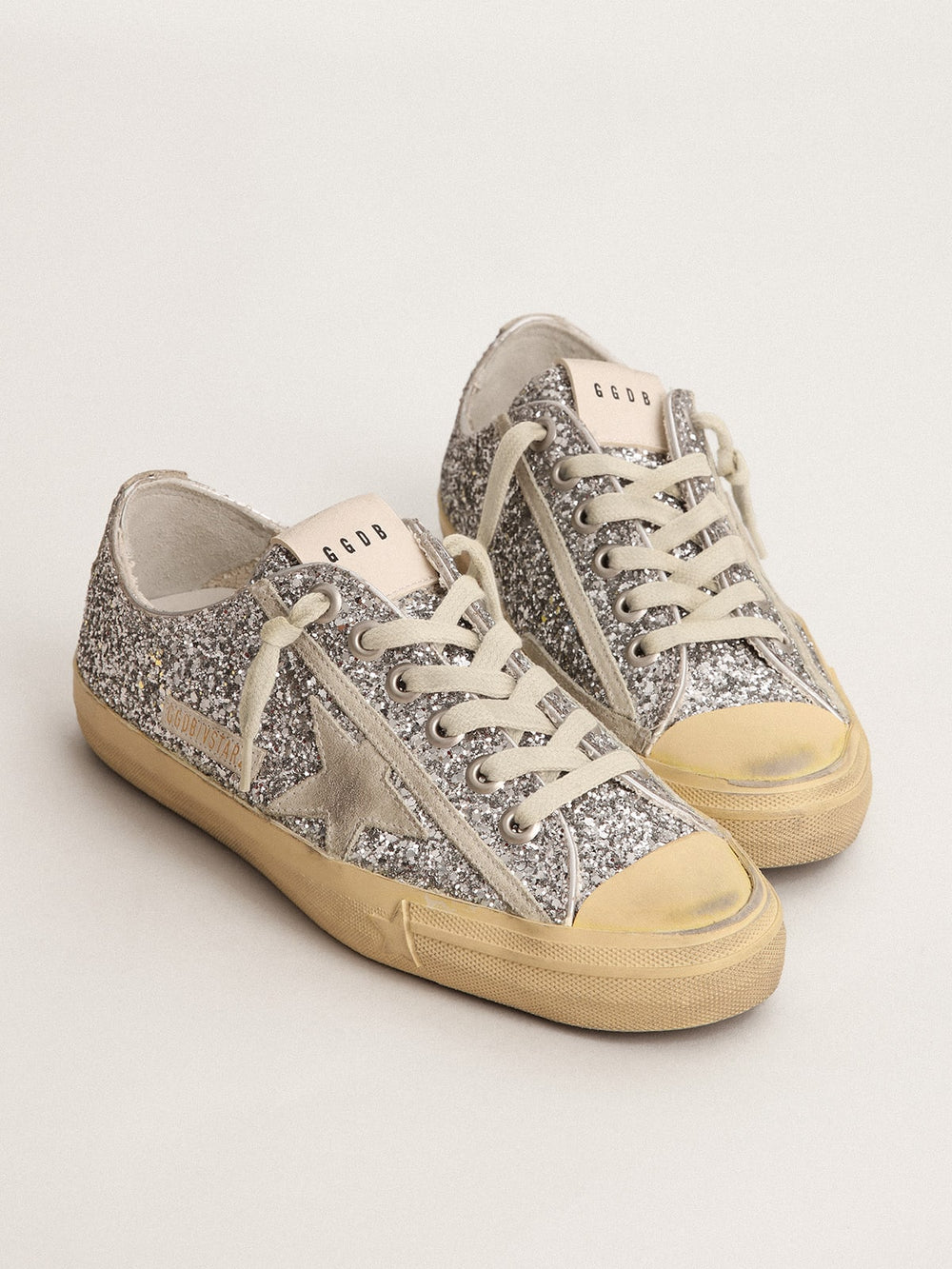 Golden Goose Women's V-Star  in silver glitter with ice-gray suede star