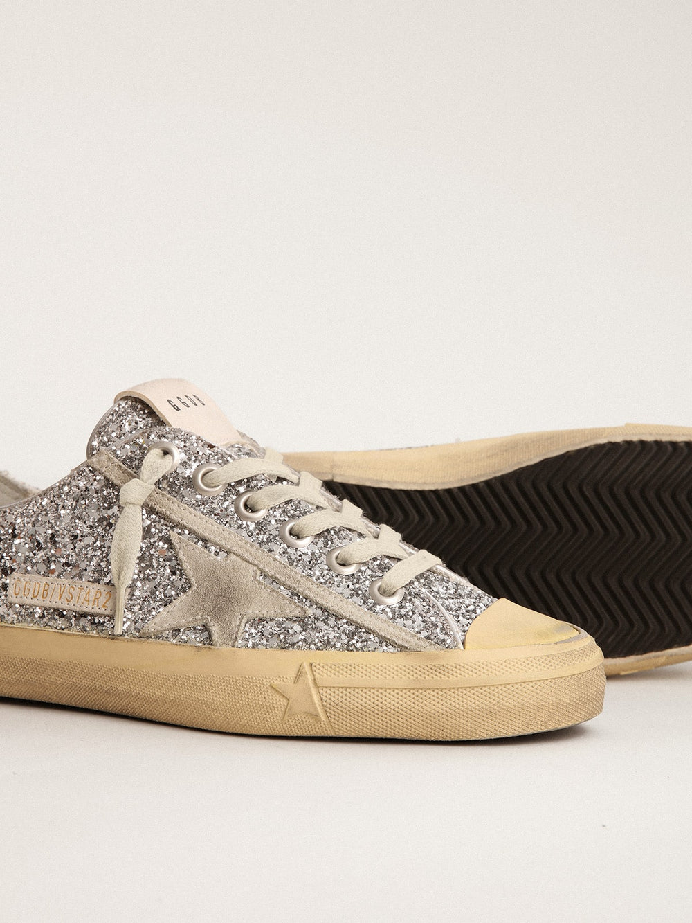 Golden Goose Women's V-Star  in silver glitter with ice-gray suede star