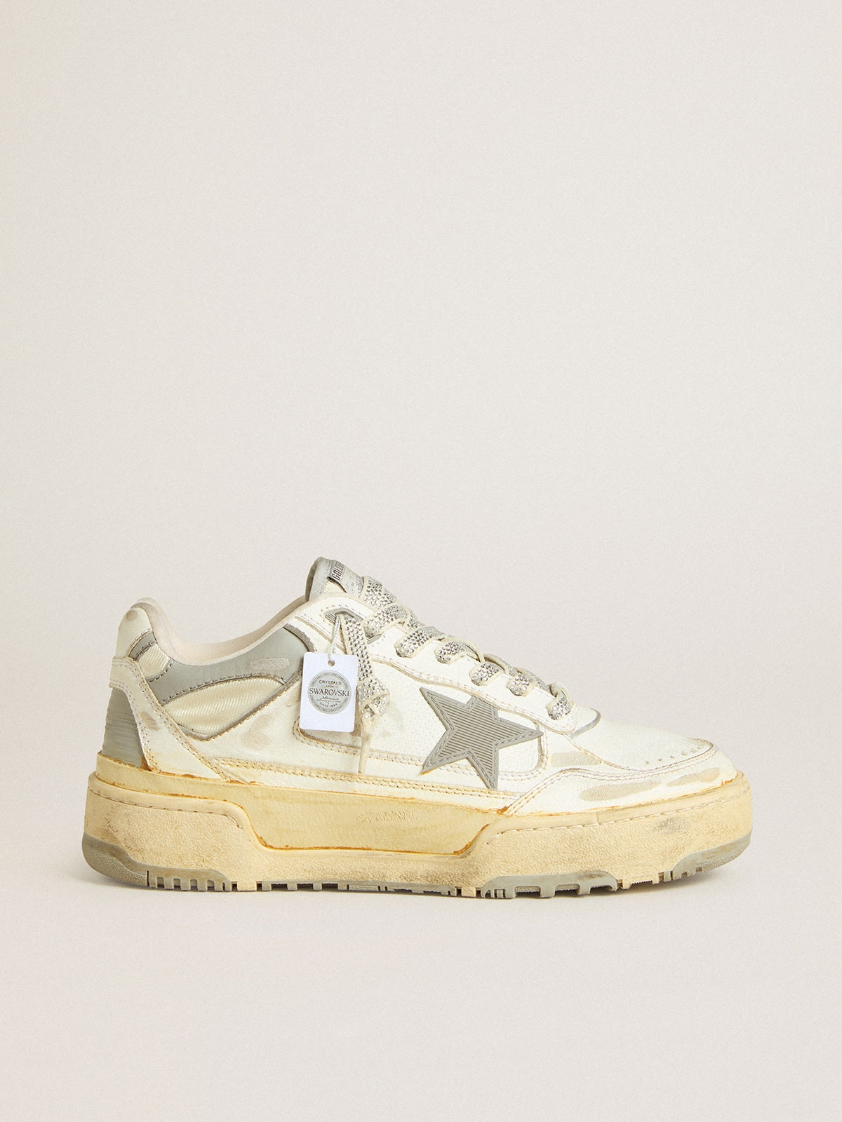 Golden Goose Women’s Forty2 in white leather with laces with Swarovski crystals and gray TPU star