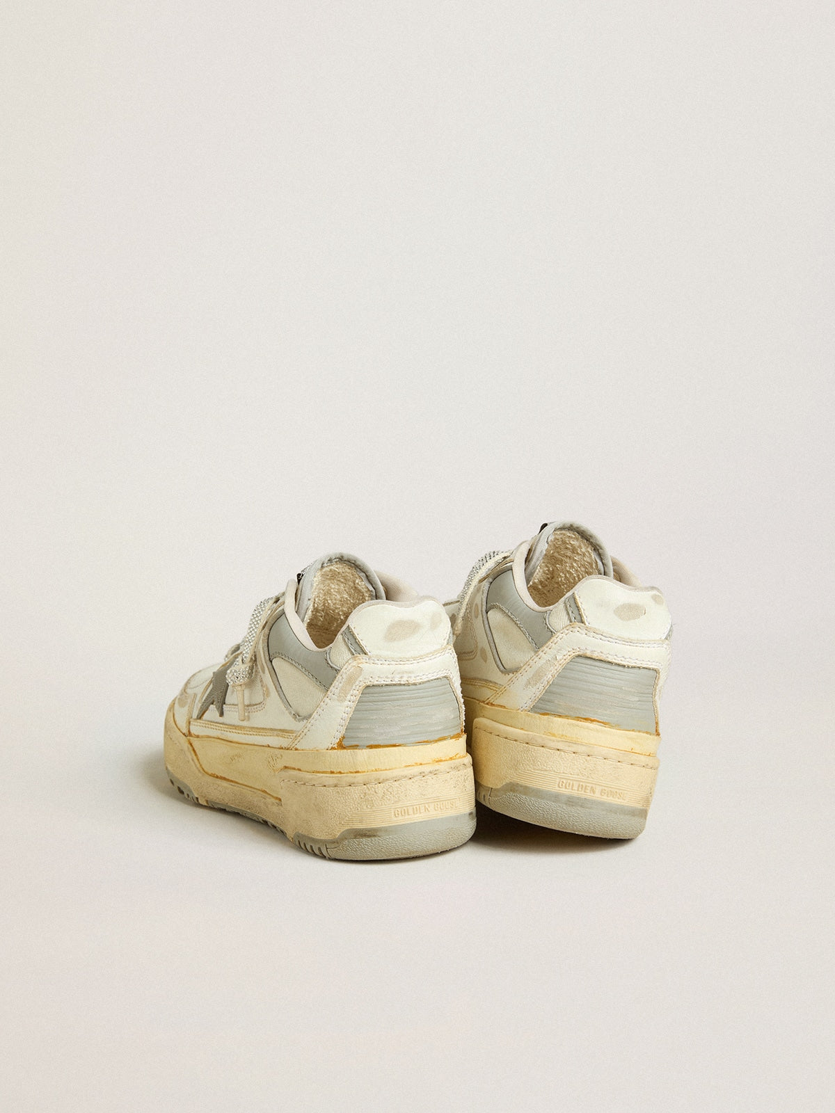Golden Goose Women’s Forty2 in white leather with laces with Swarovski crystals and gray TPU star
