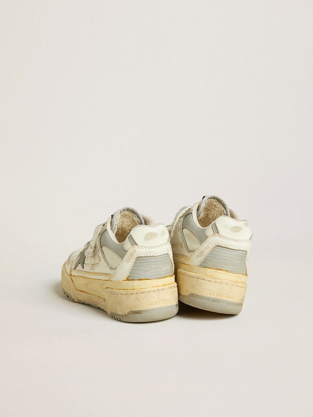 Golden Goose Women’s Forty2 in white leather with laces with Swarovski crystals and gray TPU star