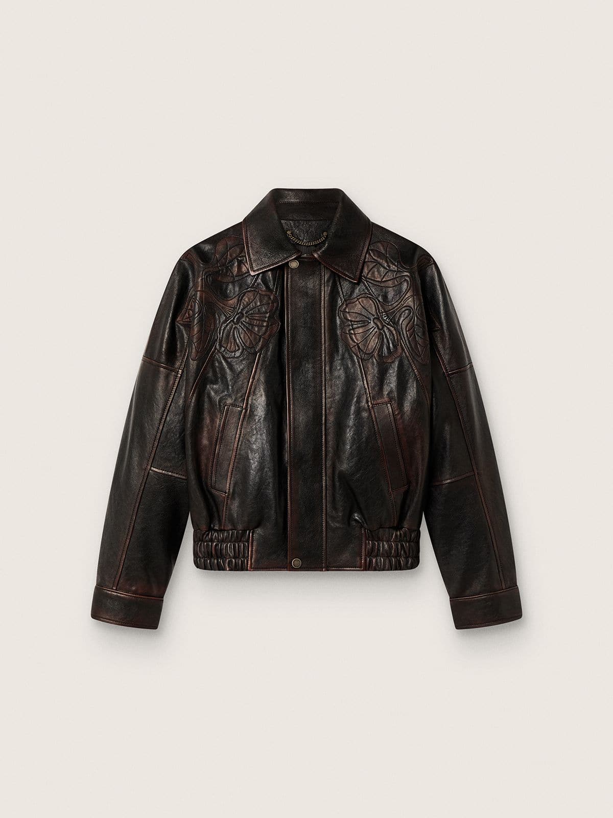 Golden Goose Women's bomber jacket in dark burgundy nappa leather with floral embroidery