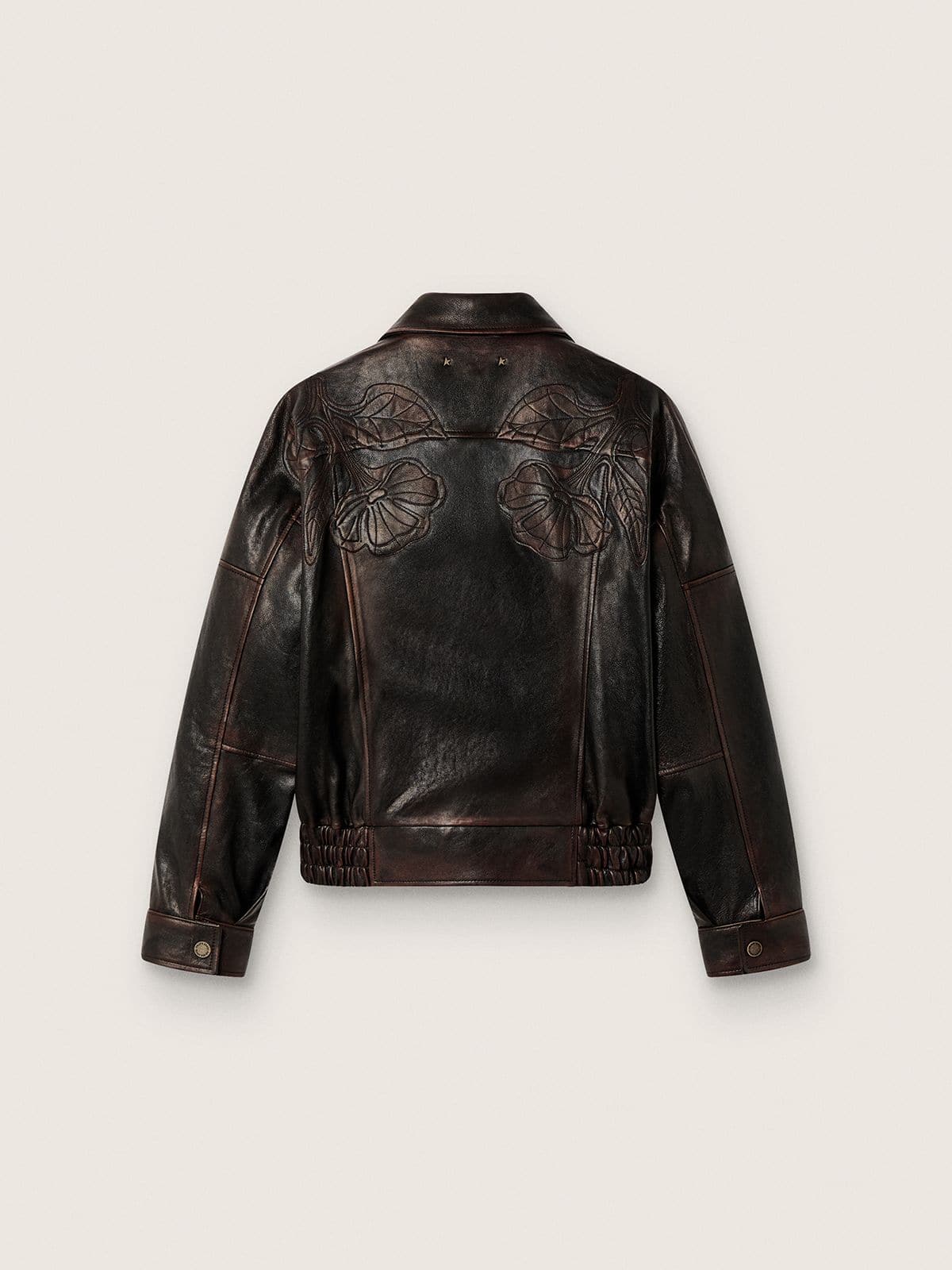 Golden Goose Women's bomber jacket in dark burgundy nappa leather with floral embroidery