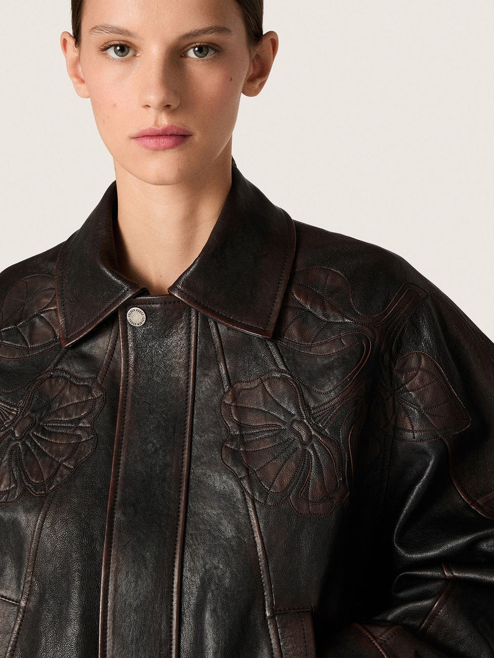 Golden Goose Women's bomber jacket in dark burgundy nappa leather with floral embroidery