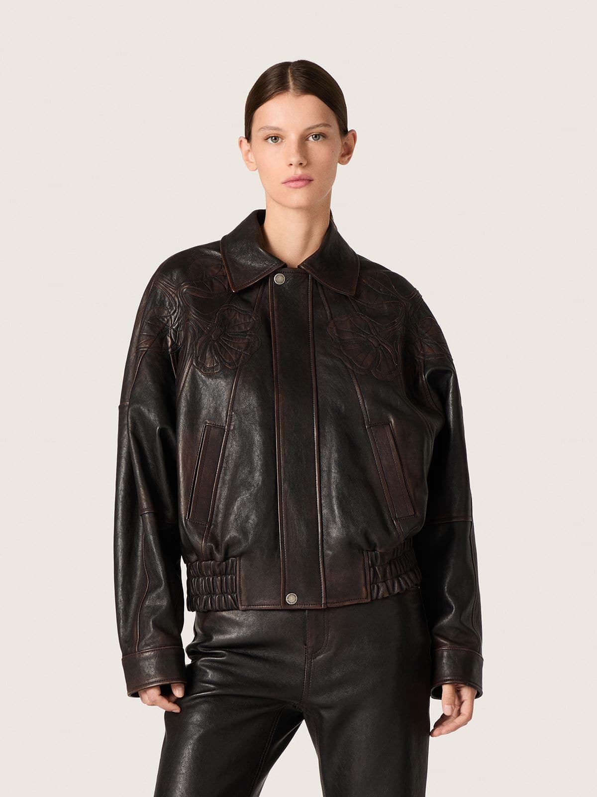 Golden Goose Women's bomber jacket in dark burgundy nappa leather with floral embroidery