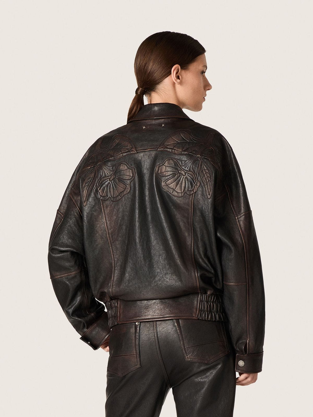 Golden Goose Women's bomber jacket in dark burgundy nappa leather with floral embroidery