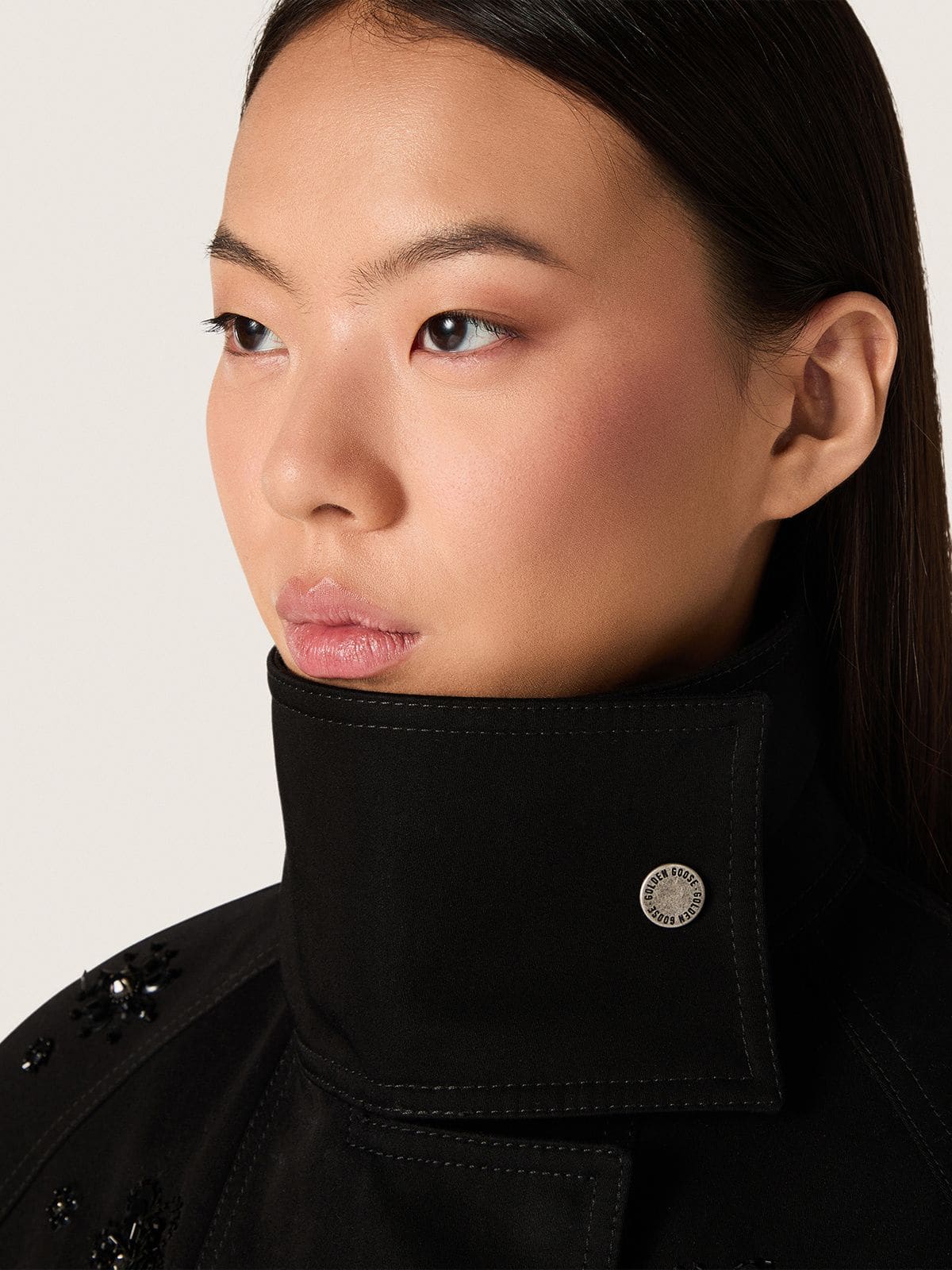 Golden Goose Women’s oversized jacket in black cotton twill with floral sequin embroidery