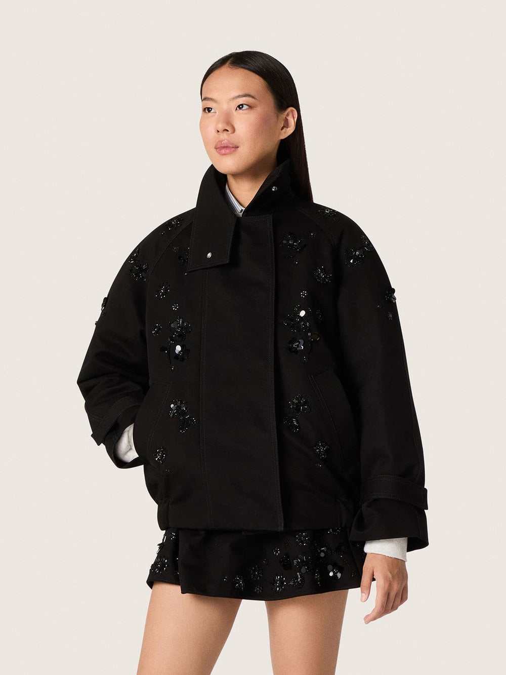 Golden Goose Women’s oversized jacket in black cotton twill with floral sequin embroidery