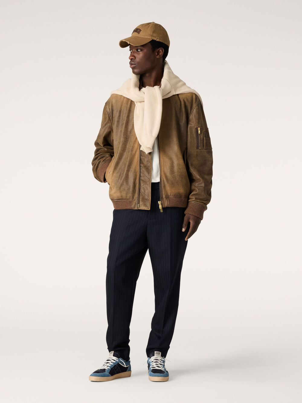 Golden Goose Brown leather biker jacket with a lived-in effect