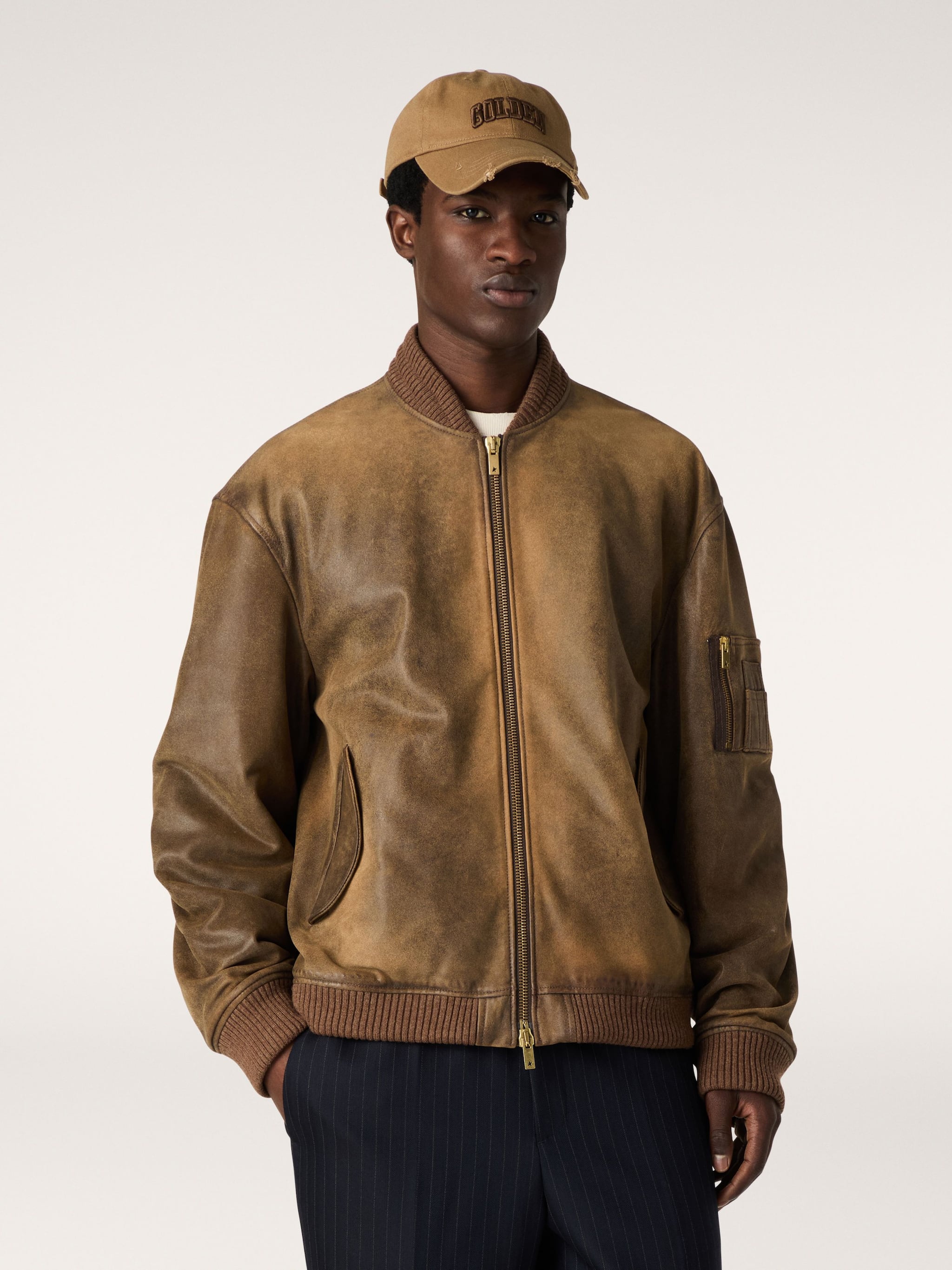 Golden Goose Brown leather biker jacket with a lived-in effect