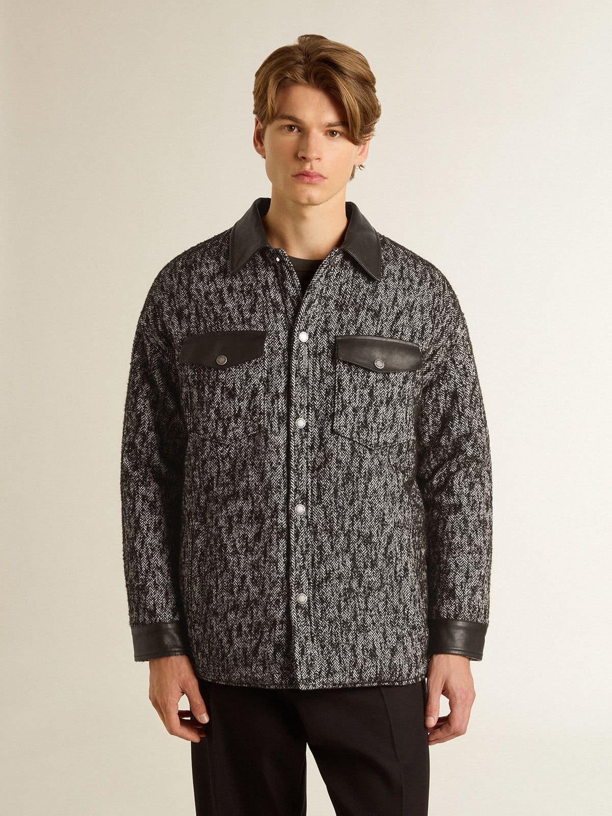 Golden Goose Gray herringbone jacket with black leather details