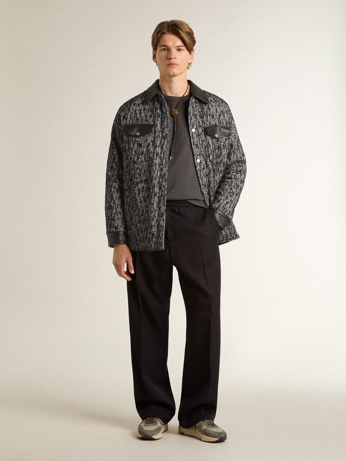 Golden Goose Gray herringbone jacket with black leather details